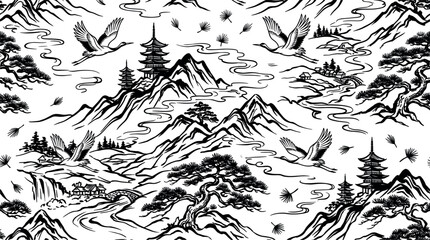 Fototapeta premium Japanese Traditional Landscape Seamless Pattern Pagoda Mountains Flying Cranes Bonsai Pine Trees Vector Illustration