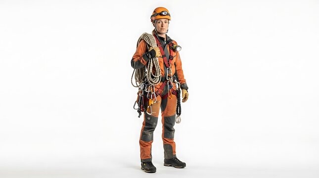 Professional cave rescue specialist standing in full safety gear against a white background