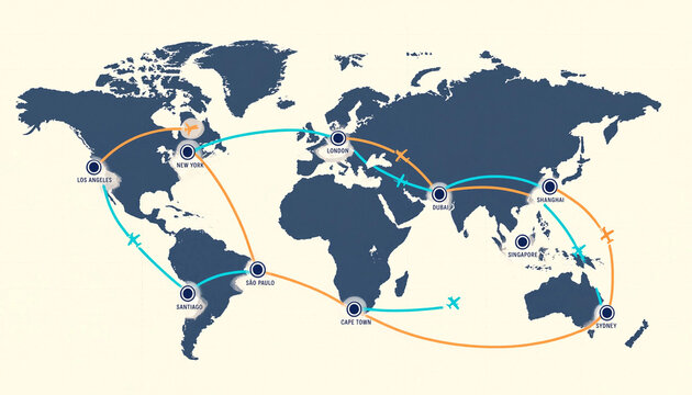 Global travel route map with flight paths connecting major cities across continents for international tourism concept