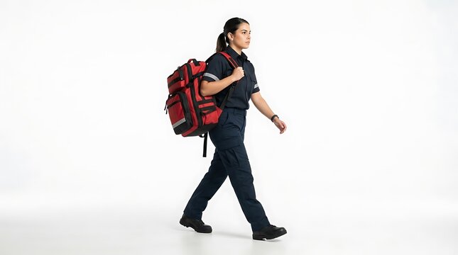 Professional emergency medical technician walking with a red trauma bag on a white background