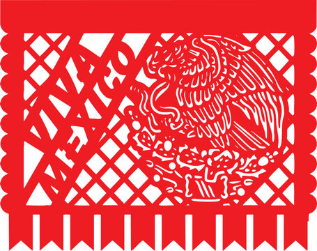 Red papel picado banner with Viva Mexico text and patriotic eagle emblem cutout pattern on a clean white background.