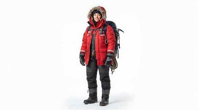 Professional scientist wearing heavy red expedition gear and carrying a large hiking backpack