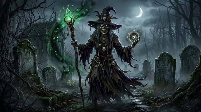 Skeletal lich wizard holding glowing staff in dark misty graveyard.