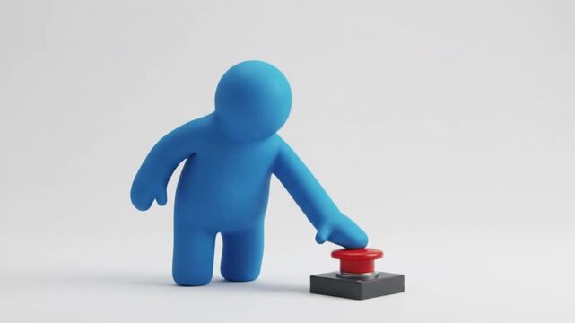 3D mascot blue character pressing red alert emergency button