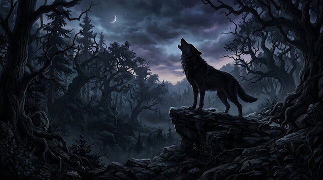 Wolf howling on rock in dark mystical forest under crescent moonlight.