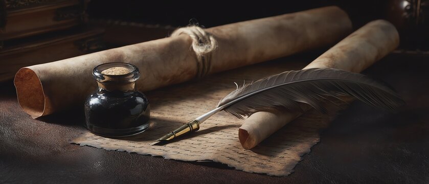 Vintage writing tools and paper on a table.