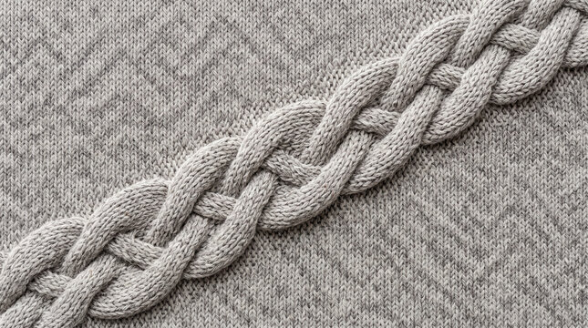 Knitted fabric photo with intricate cable knit texture and braided pattern in soft grey wool braid sweater textile yarn winter warm material cloth clothing surface cozy fashion knitting loop