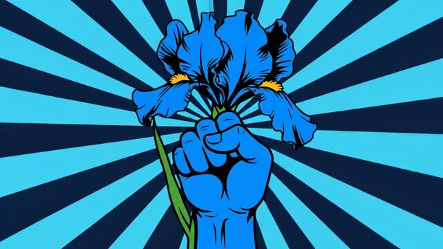 Blue Iris Flower Held in Clenched Fist with Sunburst Background
