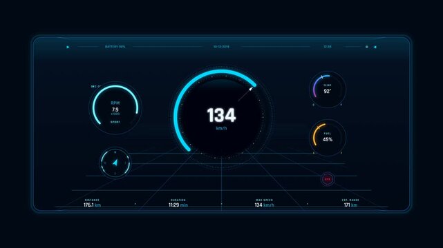 Futuristic digital instrument cluster for a sport performance vehicle featuring dynamic telemetry, center speedometer, RPM, navigation, and environmental gauges built with vector SVG and JS.
