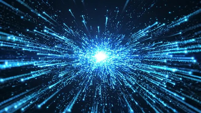Abstract glowing cyan and blue data lines flowing from both sides and converging at a bright center point on dark navy background. Technology concept for data transfer, fiber optic, network