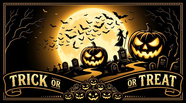 Halloween trick or treat banner with glowing jackolanterns, witch, graveyard, and full moon in a dark spooky night