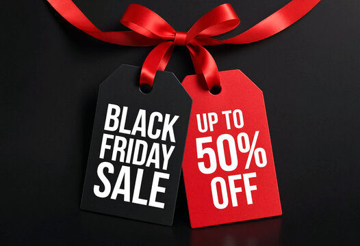 Bright red and black sale tags with discount offer tied together for black friday promotion