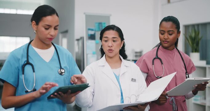 Hospital, walk or team discussion for healthcare with tablet, patient history or cancer care binder. Doctor, women and talking with nurses for medical checklist, oncology records or admin with tech
