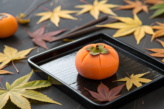 Traditional japanese wagashi sweet shaped like a persimmon fruit served on a black plate with colorful autumn maple leaves