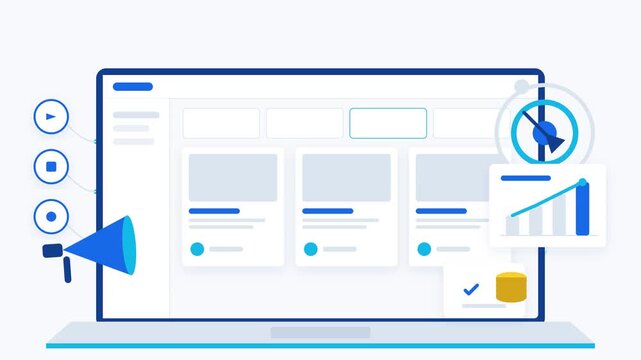 Digital marketing strategy and analytics on a laptop screen with icons representing engagement and growth.
