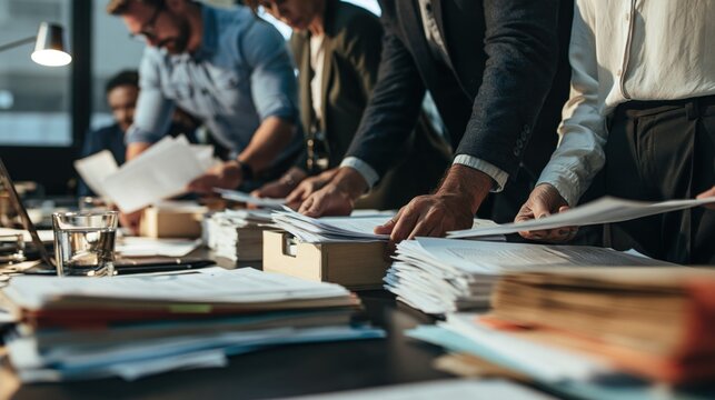 A group of business professionals working together in an office setting, with a focus on a desk cluttered with papers and documents.