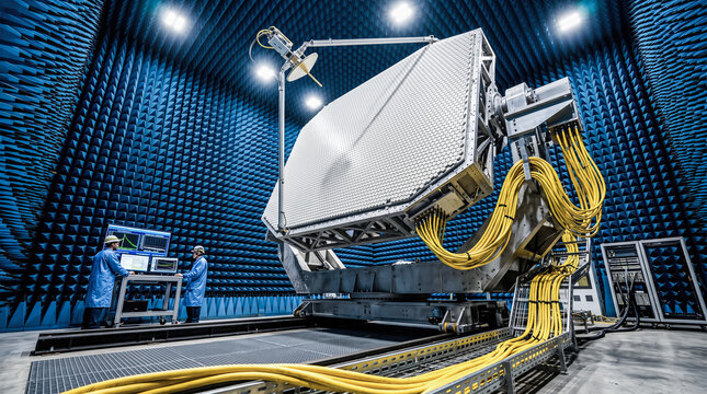 Engineers in protective coats testing massive phased array radar antenna inside blue anechoic chamber during electromagnetic compatibility laboratory research facility experiments