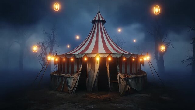 Spooky circus tent glowing with floating lanterns in a dark foggy forest during this eerie motion animation video loop clip