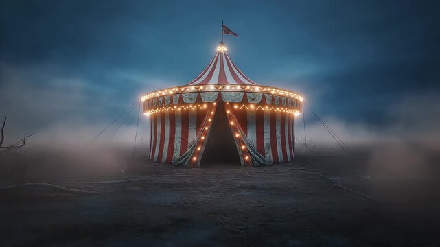 Illuminated vintage circus tent standing alone in dark mysterious misty wasteland captured as high quality cinematic motion video loop animation