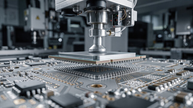 Robotic vacuum nozzle placing ball grid array processor chip solder balls printed circuit board electronic motherboard surface mount manufacturing assembly