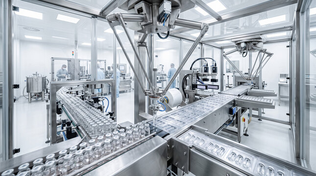 Delta robots automated conveyor packaging transparent medicine vials ampoules into blister packs pharmaceutical cleanroom production facility industrial healthcare factory line