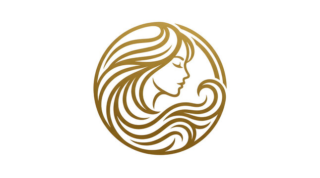 Elegant gold hair salon and beauty care logo design with woman face profile in circular frame isolated on white background