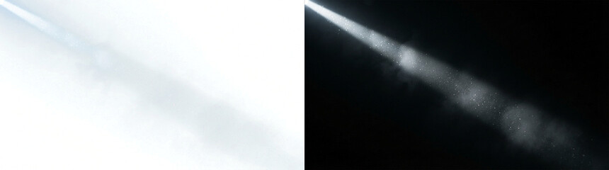 Obraz premium Cinematic Volumetric Light Beam with Floating Dust Particles and Smoke Fog in Complete Darkness, Professional Spotlight Overlay for Theater Stage and Mystery Design Projects
