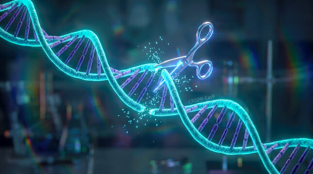 Glowing molecular scissors cutting dna double helix structure genome editing crispr scientific biotechnology genetic modification medical science health innovation concept background