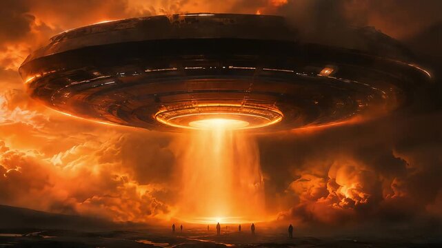 Massive alien spaceship descending over mysterious landscape as glowing tractor beam touches ground in this dark science fiction motion clip
