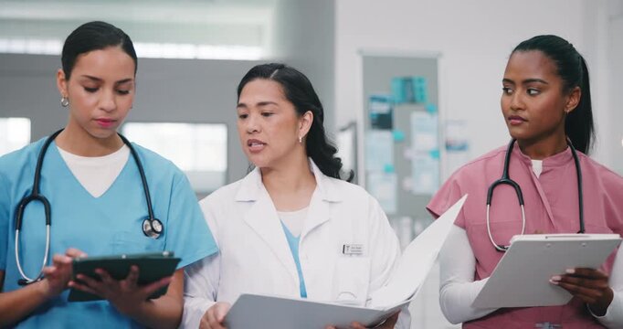 Hospital, walk or team discussion with tablet for medical history, plan or cancer care binder. Doctor, women and talk with nurses for health checklist, oncology records or admin delegation with tech