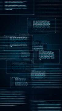 Vertical holographic code stream flying forward, neural network interface, artificial intelligence, autonomous agent data, machine learning, cyber computing, mobile tech explainers, AI presentations