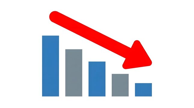 A business growth concept featuring a declining bar chart with a big red arrow pointing downwards