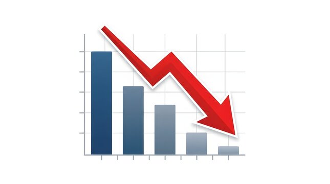 Visual representation of business decline, financial losses, and market downturn with a bar chart and prominent red arrow indicating a negative trend in economic performance and revenue forecasts