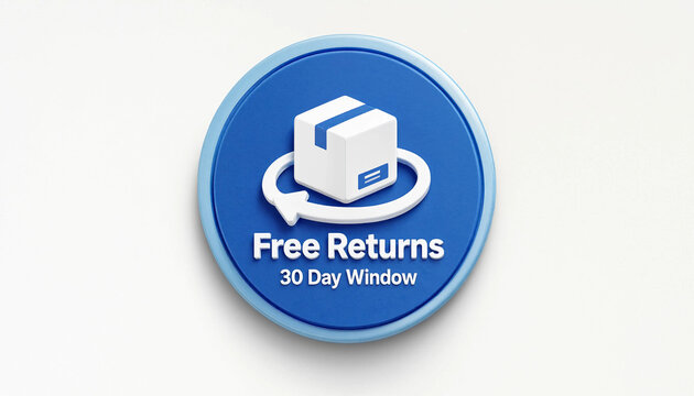Free returns concept with 30 day window symbolized by box and circular arrow on blue button