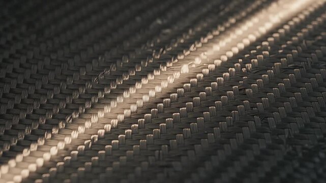 Macro Sliding Shot Across Black Woven Carbon Fiber Texture Reflecting Bright Diagonal Light Beam
