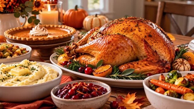 Roasted turkey with traditional Thanksgiving side dishes on a festive autumn table. A generous holiday meal conveys gratitude, family togetherness, and seasonal comfort.