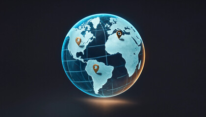 Obraz premium Global connectivity concept with glowing earth globe and location pins on dark background