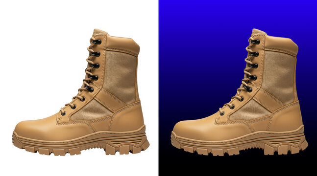 Tactical tan lace-up hiking boots with rugged sole