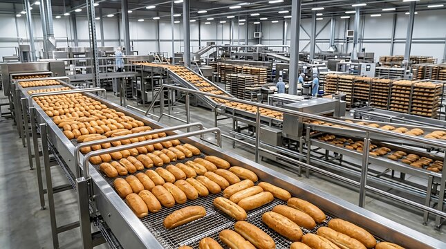 Freshly baked bread rolls moving along industrial conveyor belts in a large automated modern commercial bakery