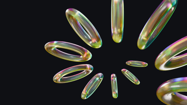 Abstract 3D render of iridescent glass rings in radial spiral formation. Holographic torus shape on transparent background