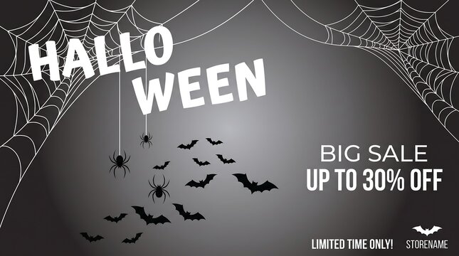 Halloween big sale banner with spiders, cobwebs, and flying bats on a dark gradient background with space for text