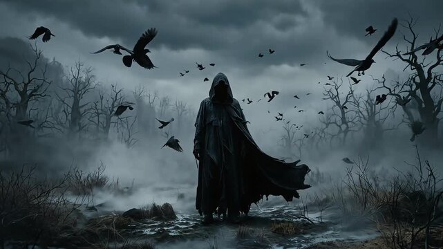 Cloaked grim reaper standing inside dark foggy forest with swarming black crows flying in cinematic motion horror fantasy video footage