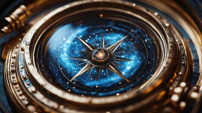 Celestial compass, cosmic navigation, dark background, exploration