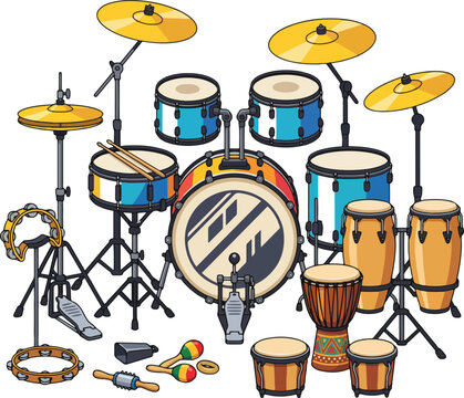 Hand drawn drum kit with djembe, congas, tambourine, and maracas percussion instruments in colorful cartoon vector style