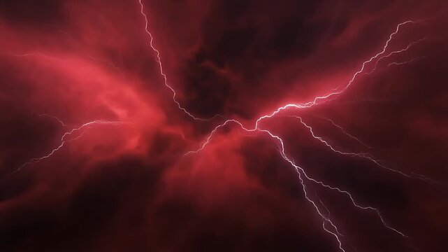 Intense lightning bolts streak across ominous dark red storm clouds in this dramatic weather animation motion graphic video background clip
