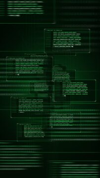 Vertical digital green code stream moving forward, terminal programming data, cyber security encryption, network firewall, system administration, cloud computing, cybersecurity video presentations