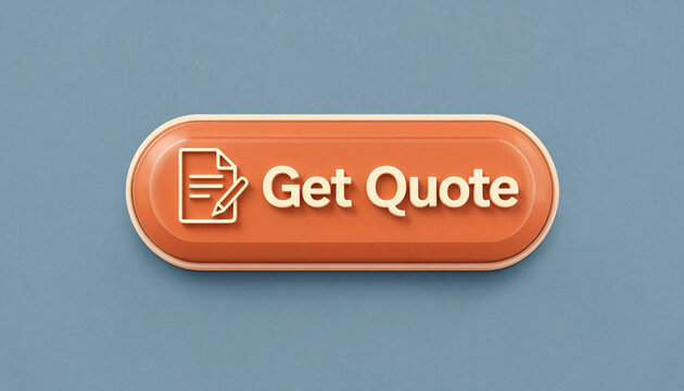 Get quote button concept with document and pencil icon on orange rounded button against blue background