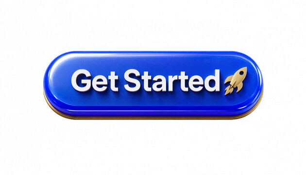 Blue get started button with rocket icon representing launch and initiation concept