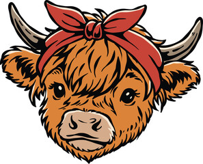 Obraz premium Cute Highland Cow Head Hand Drawn Vector Illustration, Baby Scottish Farm Animal Design