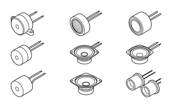 Electronic audio components isometric line icons on transparent.